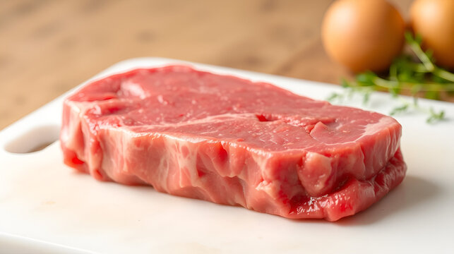 Raw filet mignon, a steak cut of beef taken from the smaller end of the tenderloin, or psoas major of the cow, ready to be cooked. On a cutting board, isolated on white background