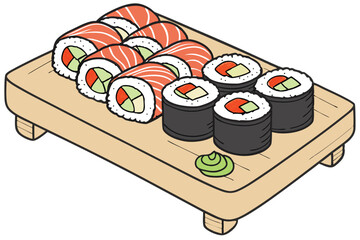107 detailed digital illustration of a wooden serving tray with various fresh sushi rolls, vivid colors, realistic textures, vibrant, high resolution, 4k © Manik Mia
