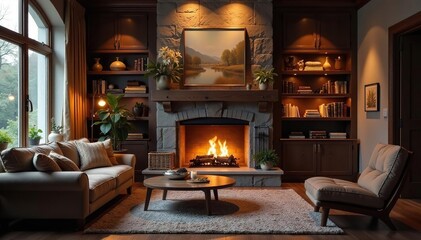 Cozy living room with fireplace, warm lighting, stone, still