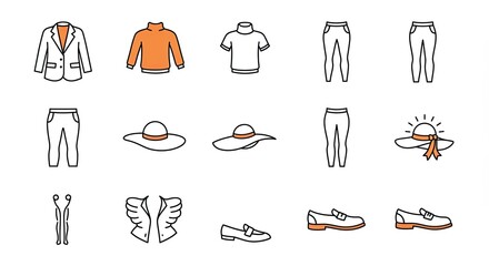 Stylish fashion icons and apparel illustrations for design and visual projects.