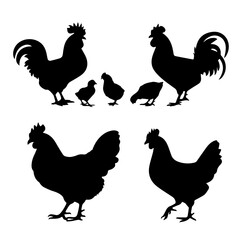 Silhouettes of various chickens, roosters, and chicks arranged in a grid pattern on a white background, showcasing different poses and feather shapes in a clean vector style.
