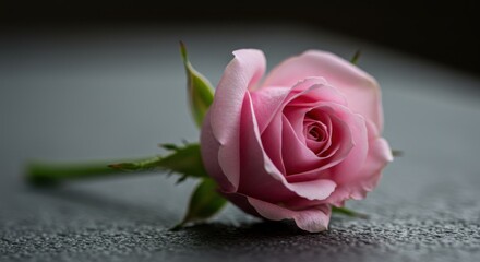 Fototapeta premium Pink rose blossom representing love and beauty, with close up on gray textured surface