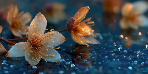 Delicate flowers resting on a reflective surface surrounded by droplets during a tranquil evening
