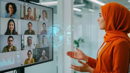 Professional woman in hijab leading a virtual meeting with diverse participants on screen - Powered by Adobe