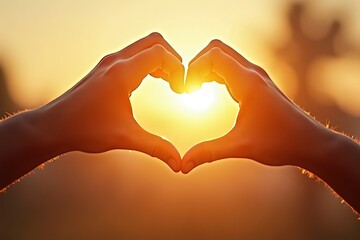 Two hands form a heart shape against a sunset background with sunlight shining through, ideal for expressing love 