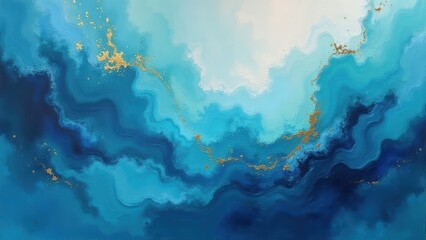 Abstract Blue and Gold Ocean Waves Painting, Fluid Art Background, Dynamic Watercolor Texture, Luxury Wallpaper