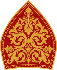 Baroque Red and Gold Bishop Mitre Vector with Ornate Symmetrical Floral Design – Religious Headdress Clipart Illustration
