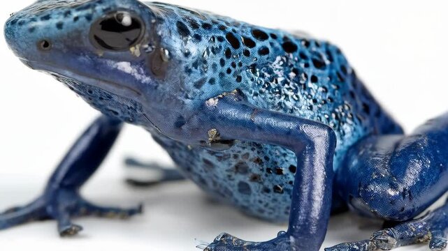 Vibrant blue poison dart frog on white background showcasing its unique skin texture and coloration in a macro close up.