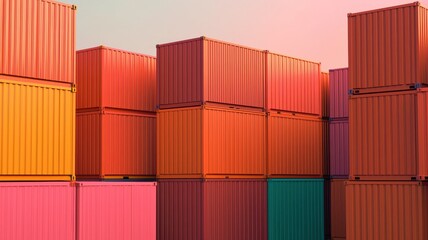 Fototapeta premium Stacked colorful shipping containers under a pastel sky, symbolizing global trade and logistics.