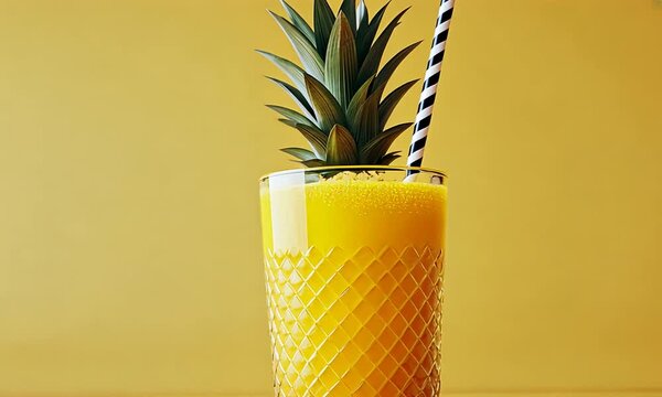Refreshing tropical smoothie in a glass with a pineapple garnish against a bright yellow backdrop