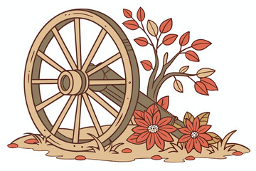 Fototapeta premium 108 wooden wagon wheel, autumn leaves, flowers, vintage, rustic, intricate detail, warm tones, high resolution