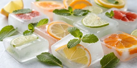 Citrus Ice Cubes Frozen Lemon, Lime, Orange and Grapefruit Slices with Mint Garnish, Cocktail, Refreshing Cocktail, Refreshing