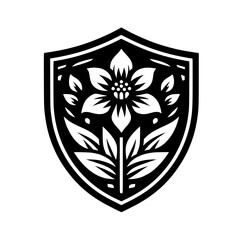 Floral Shield Emblem: Monochromatic Vector Illustration