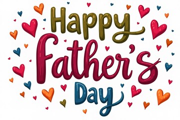 Colorful text "Happy Father's Day" on a white background, surrounded by colorful hearts, suitable for Father's Day greetings, cards, and festive decorations.