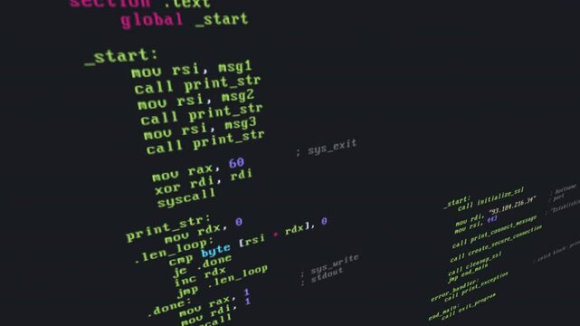 Assembler source code animation scene opener or background with data security, protection, encrpytion and analyzing code snippets with glitch and distortion effects, concepts, ideas, 4k 