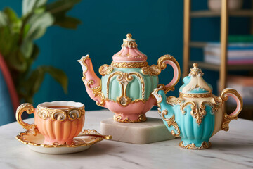 Baroque-inspired porcelain tea set in turquoise and peach with ornate design