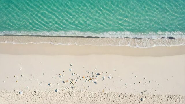 Flat lay zoom-out of beach textures including seashells, white sand, and soft wave foam, creating minimalist top-down coastal visual perfect for lifestyle or nature background use 