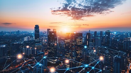 Aerial view of a modern city at twilight, with interconnected network lines