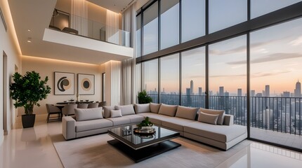 Fototapeta premium Modern luxury living room with panoramic glass windows, wooden floor, and cozy furniture in daylight.