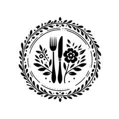 Elegant Restaurant Logo: Floral Wreath, Cutlery, and Organic Design