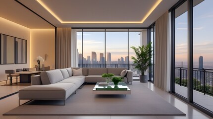 Modern luxury living room with panoramic glass windows, wooden floor, and cozy furniture in daylight.
