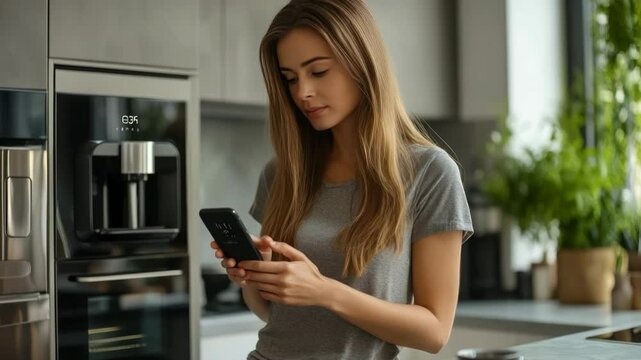 A young modern woman using a mobile application on a Smart Home smartphone controls various functions of a smart home in the kitchen. Sends text messages, chats online, relaxes, does business, looks f