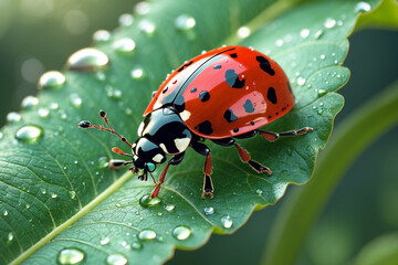 Fototapeta premium Macro Photography Vibrant Ladybug on Dew-Kissed Leaf