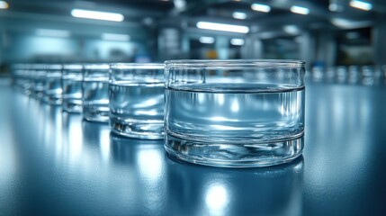 Clear liquid samples lined up on a table