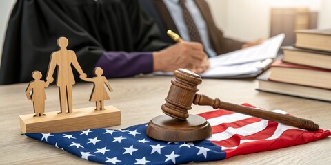 Family Law Judge Gavel on American Flag Wooden Figures, Legal Concept, Family Court Family Law, Custody
