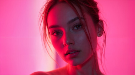 A beautiful young woman glows under soft pink neon light, standing confidently against a pastel background. The dreamy hues create a surreal, almost cinematic atmosphere. 