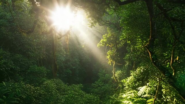 Aerial orbit around dense jungle canopy with light flares filtering through trees and birds flying between foliage, immersive drone nature scene ideal for environmental themes