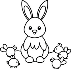 Obraz premium Cute Easter Bunny with Baby Chicks – Fun Coloring Page for Kids