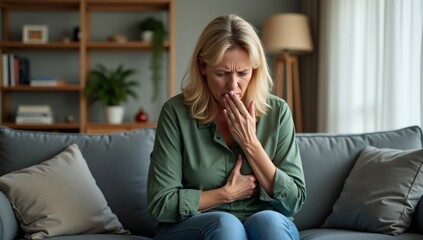 Senior beautiful woman sitting sick on sofa at home. He coughs, covers his mouth with his hand, holds his chest. Feels pain, suffers from asthma, allergies, flu, cold.