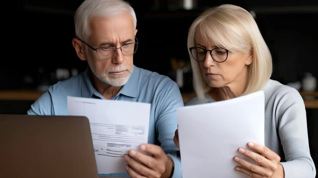 Couple discusses important documents while seated at home in a cozy living area during early evening hours