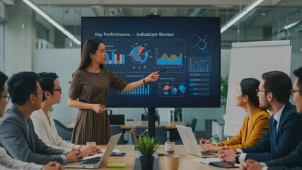 Business meeting in a modern office where a woman presents key performance indicators to colleagues - Powered by Adobe