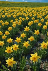 Golden yellow daffodils carpet a verdant field, bathed in sunlight against a brilliant blue sky ,  spring bloom,  springtime,  bright day