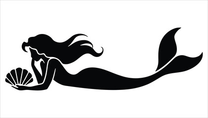 Fototapeta premium Mermaid Silhouette Vector Illustration with Shell in Hand