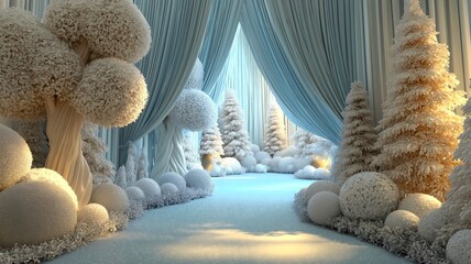 Winter wonderland event space with flowing blue drapery and stylized white trees creating magical pathway through luxurious festive installation with illuminated fantasy snow sculptures.