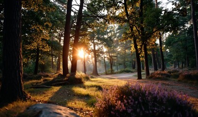 Naklejka premium Sunlit Forest Path Glows with Heather