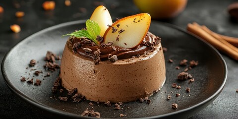 Delicious chocolate mousse dessert topped with fresh pear slices and mint leaves served on a dark plate