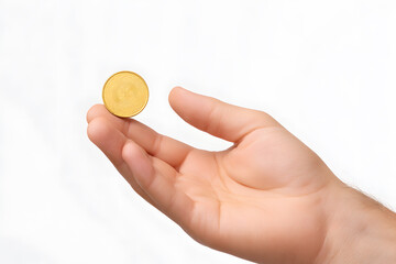 Close-up Hand Holding a Gold Coin isolated on white