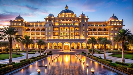 Fototapeta premium Luxury resort illuminated at dusk with palm trees and reflecting pool exterior view