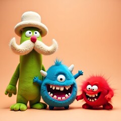 Colorful Furry Monsters Trio on Peach Background