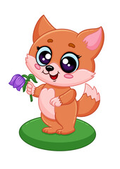Adorable cartoon fox holding purple flower on green platform