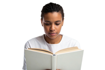 PNG African young adult female reading book in white shirt