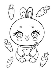 Adorable cartoon bunny with carrots coloring page for kids' creative fun