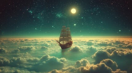 Tall Ship Floating Above Clouds Under Starry Night Sky and Moon