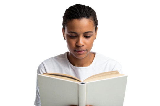 PNG African young adult female reading book in white shirt