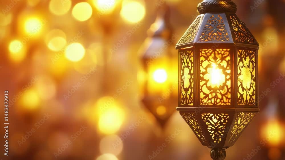 Aufkleber Close-up shot of a lantern with warm light emanating from it, surrounded by soft glow in the background