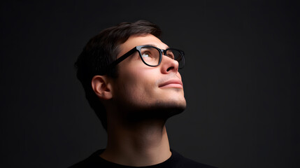 Man with Glasses Looking Upward Isolated On Black Backdrop